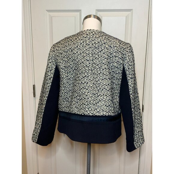 Tory Burch Lucille Metallic Tweed White & Navy Blue Wool Jacket, Size 14 - Picture 7 of 10